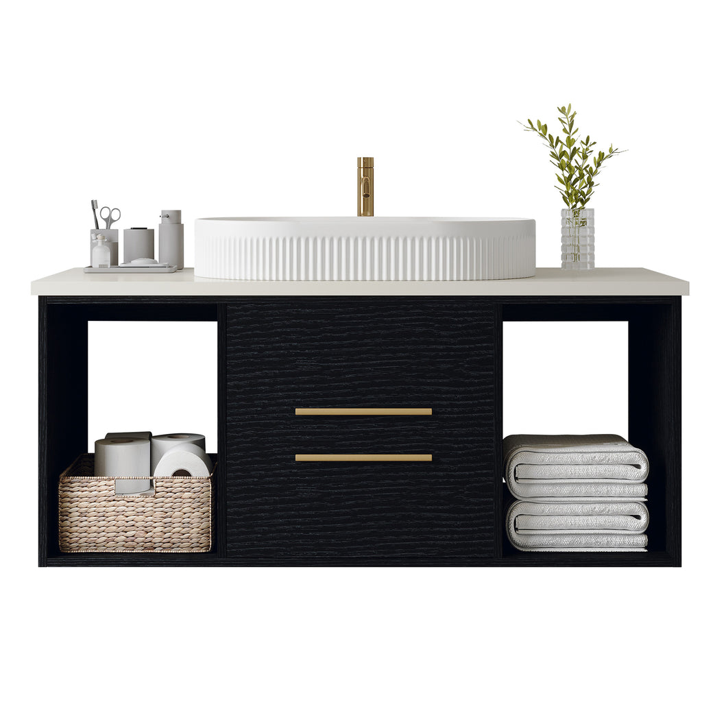 White bathroom vanity — alternate angle