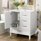 Elegant minimalist white bathroom vanity with ceramic sink and metal drawer handles