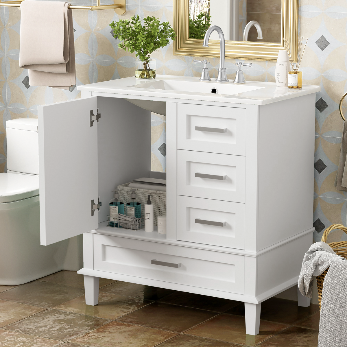 Elegant minimalist white bathroom vanity with ceramic sink and metal drawer handles
