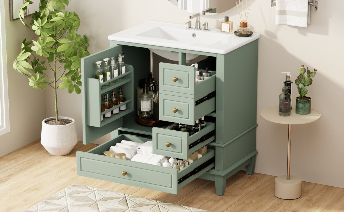 Light Green bathroom vanity — styled view