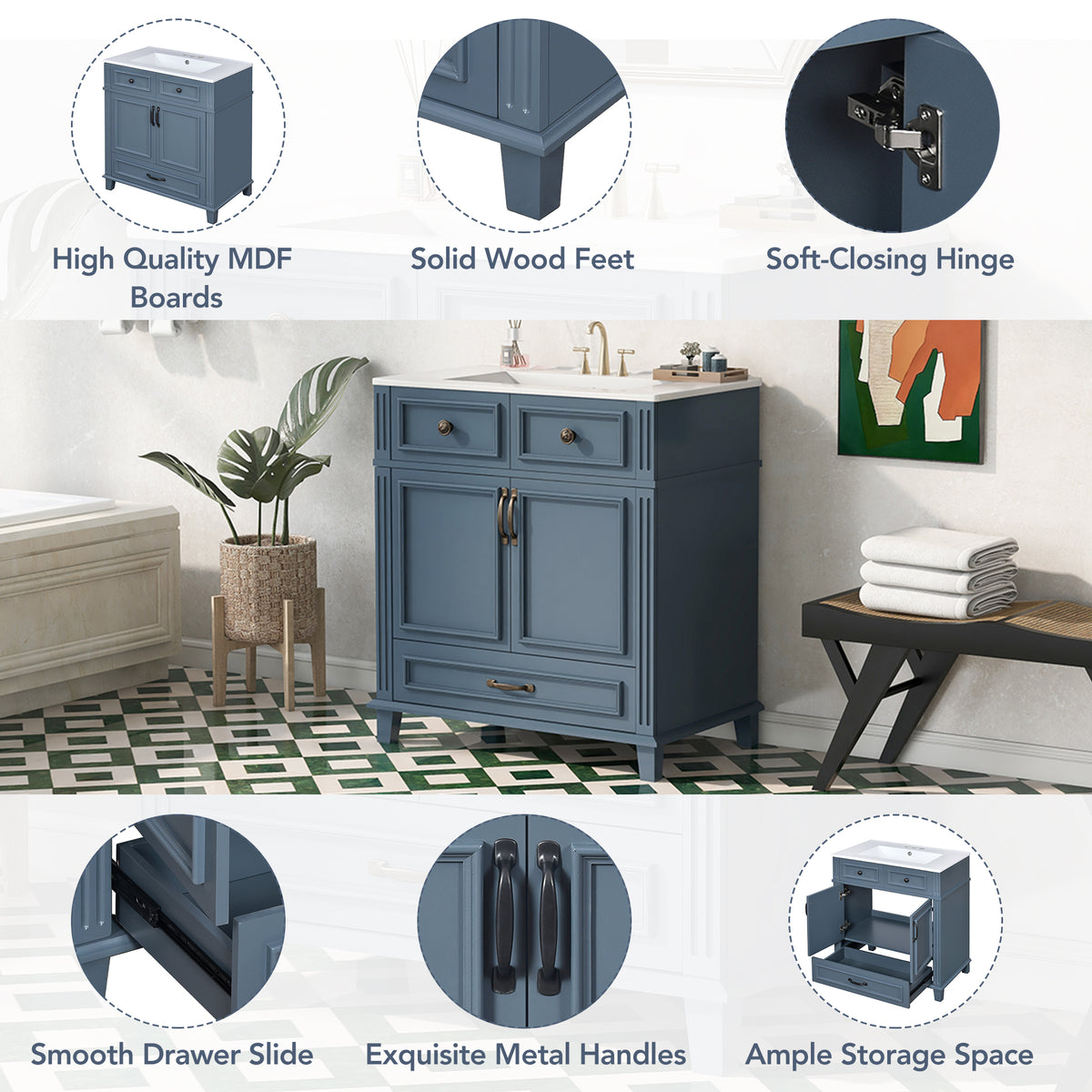 Blue bathroom vanity — side view
