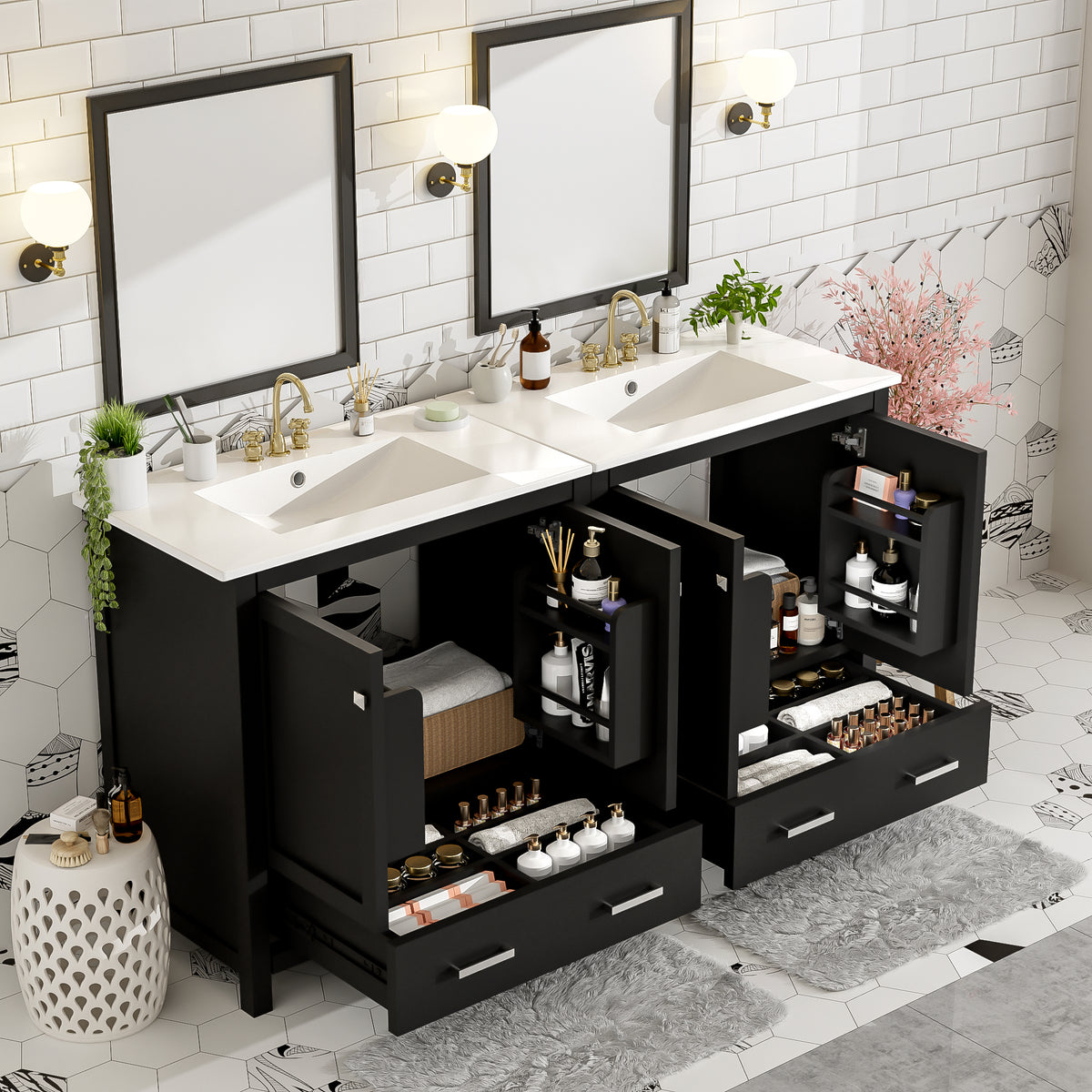 Black bathroom vanity — front view