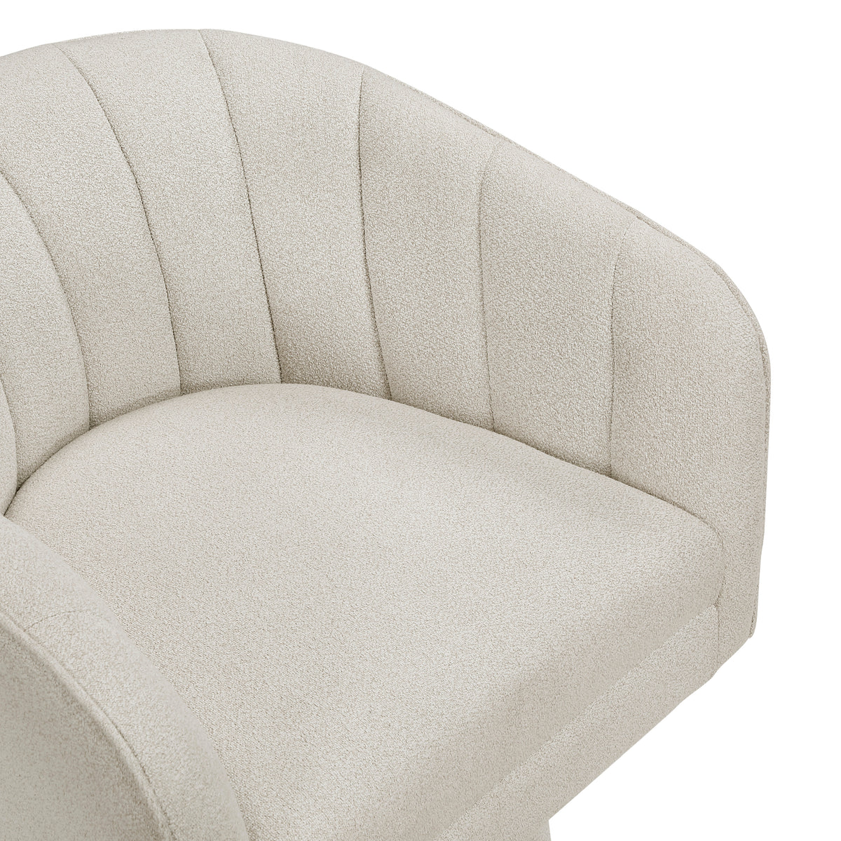 Beige boucle swivel chair in a living room setting