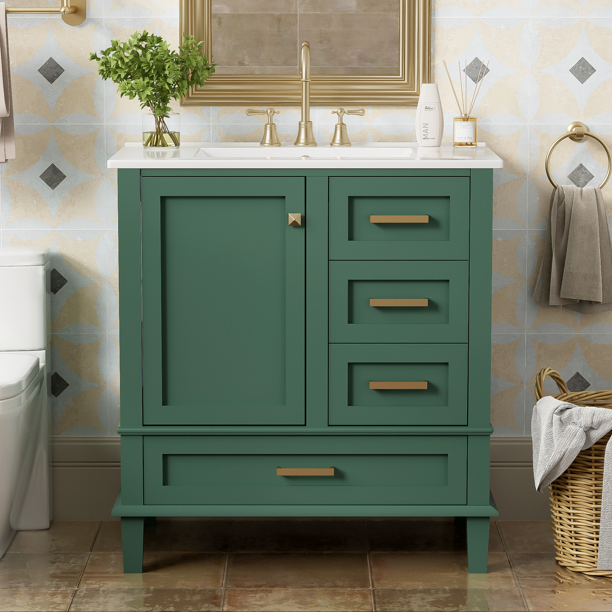 Green bathroom vanity — front view