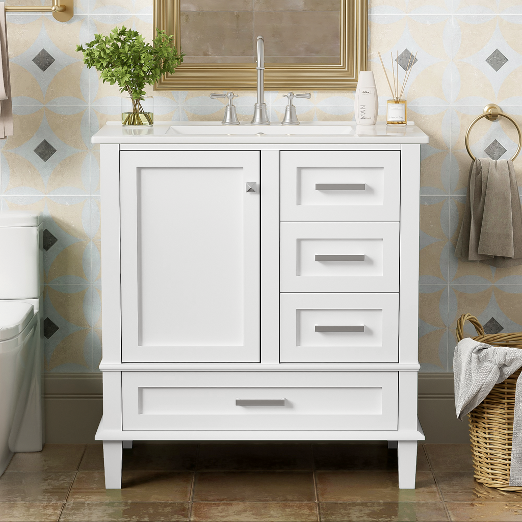Close-up of the solid wood frame on a white 30-inch bathroom vanity