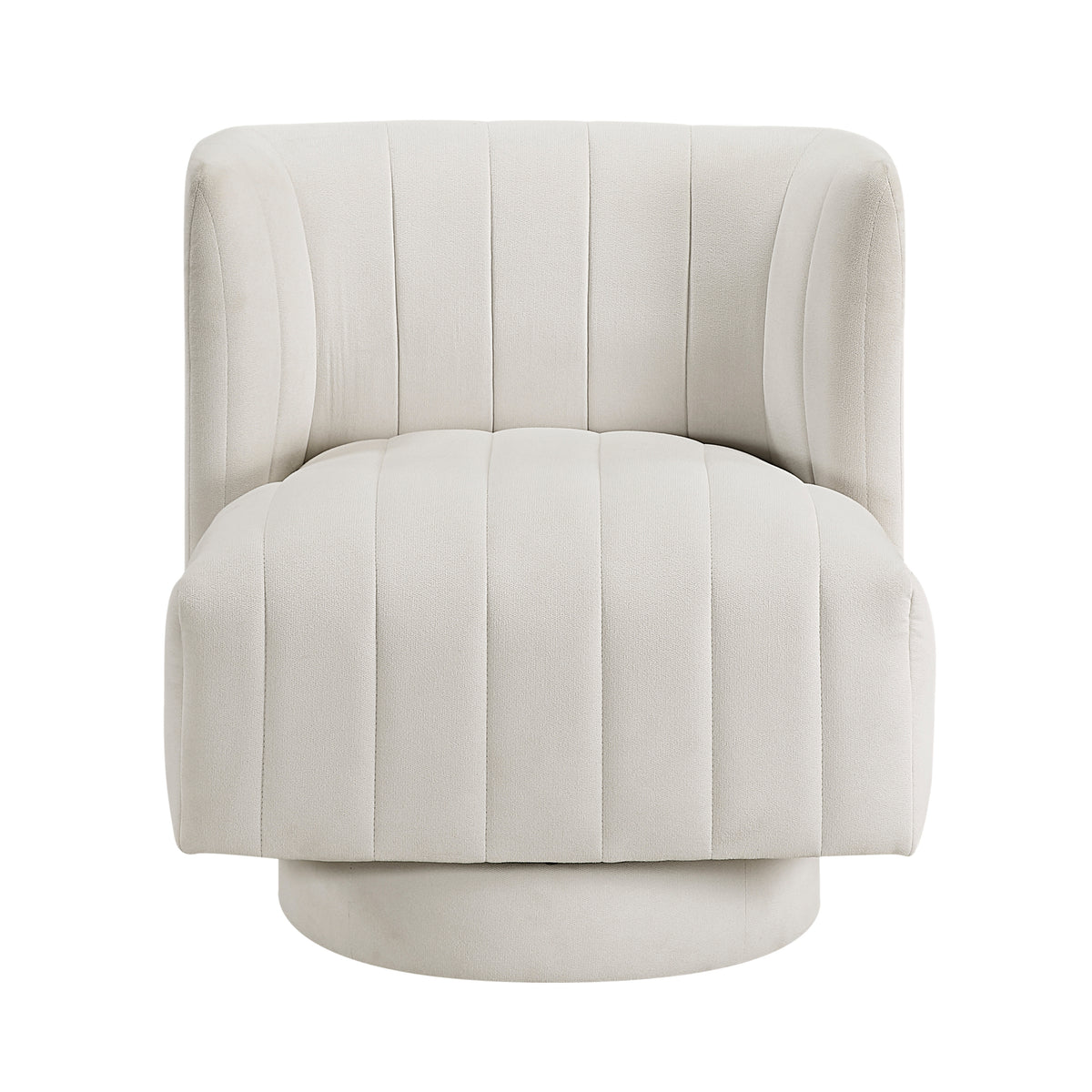 Beige barrel accent chair — front view