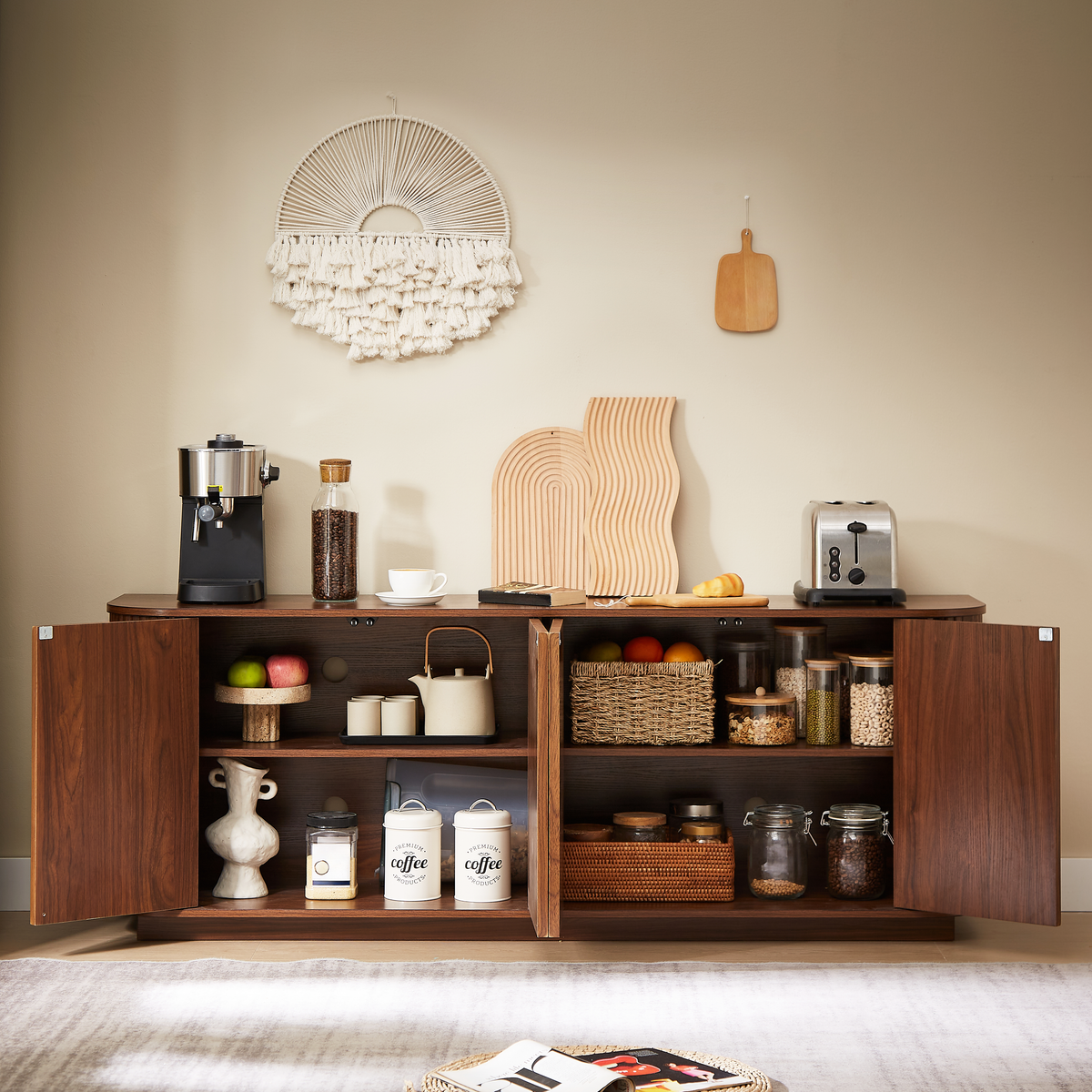 Walnut storage cabinet — styled view
