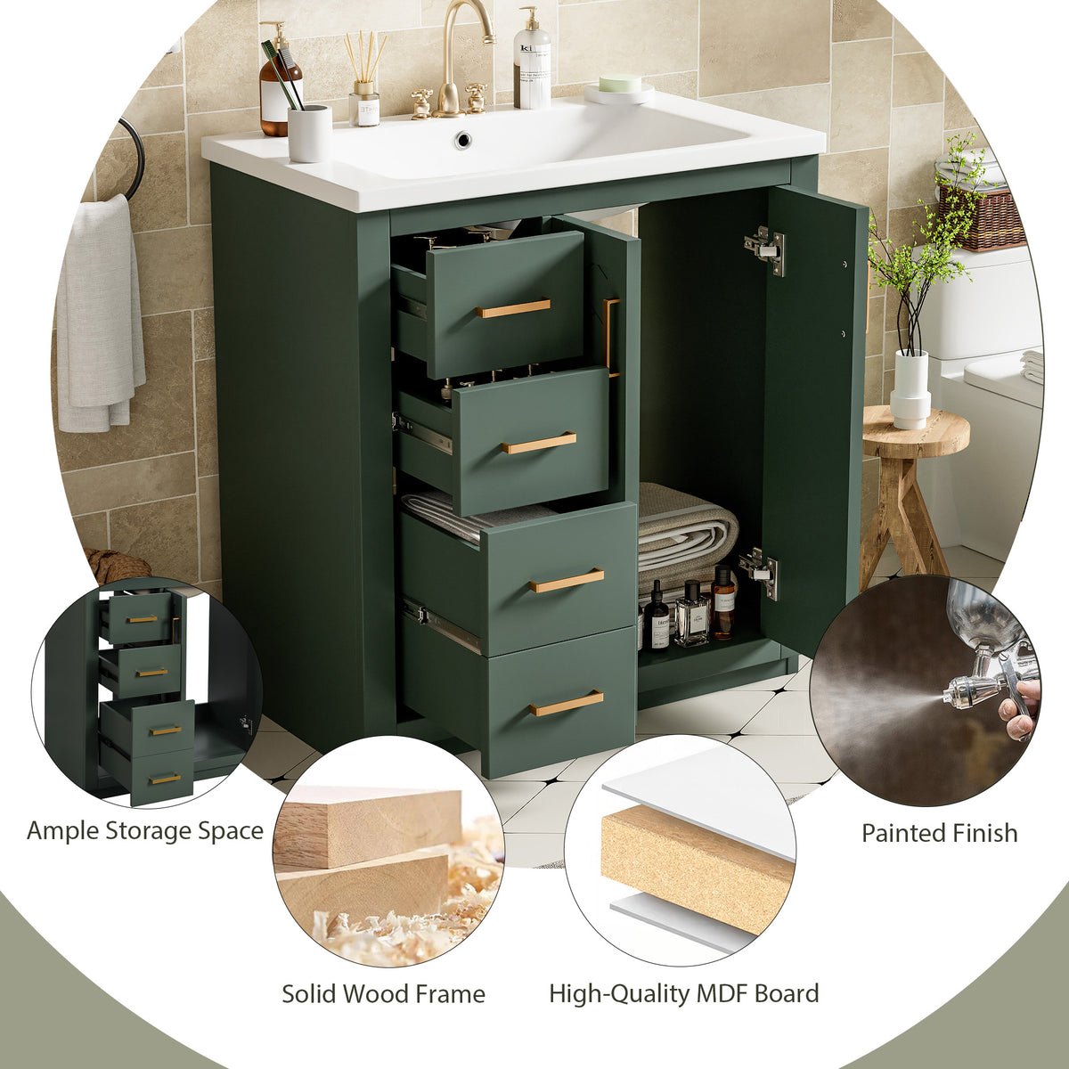 Green bathroom vanity — side view