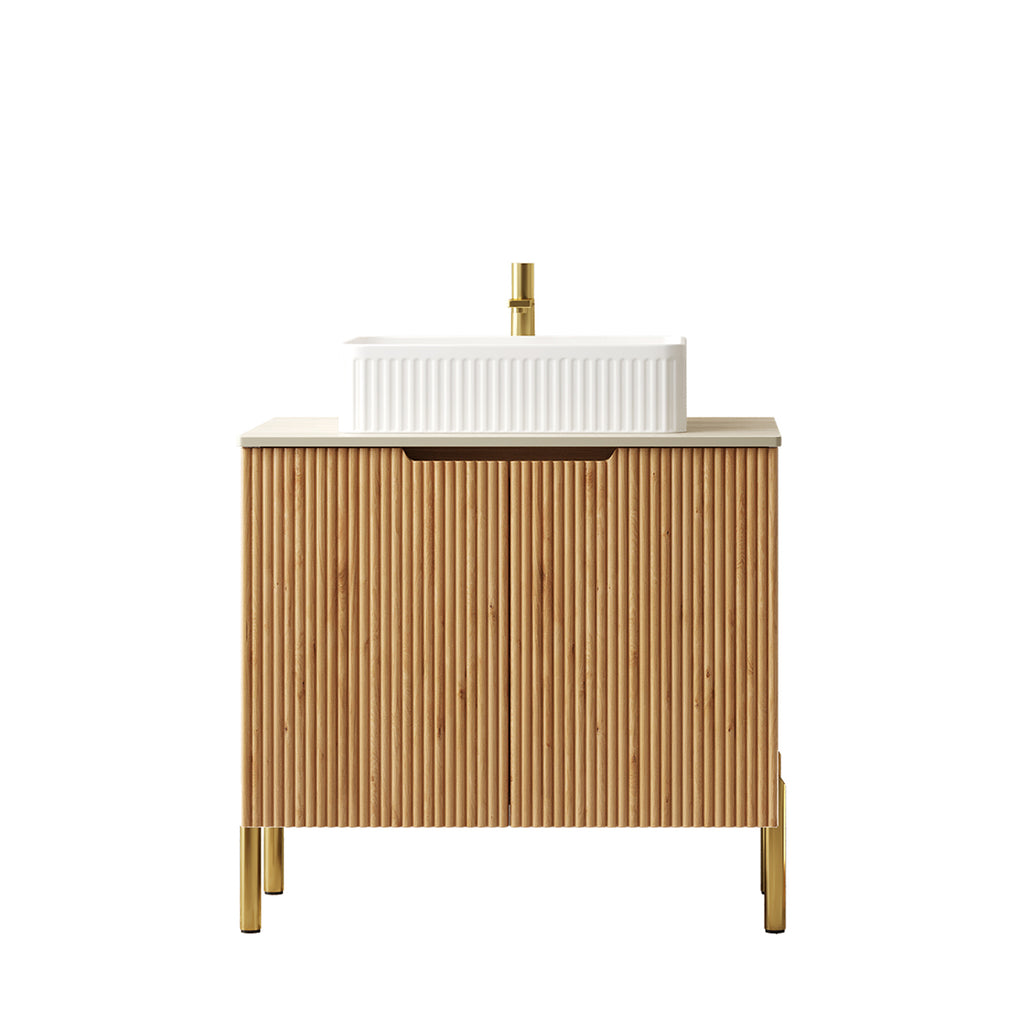 Natural Wood bathroom vanity — detail view