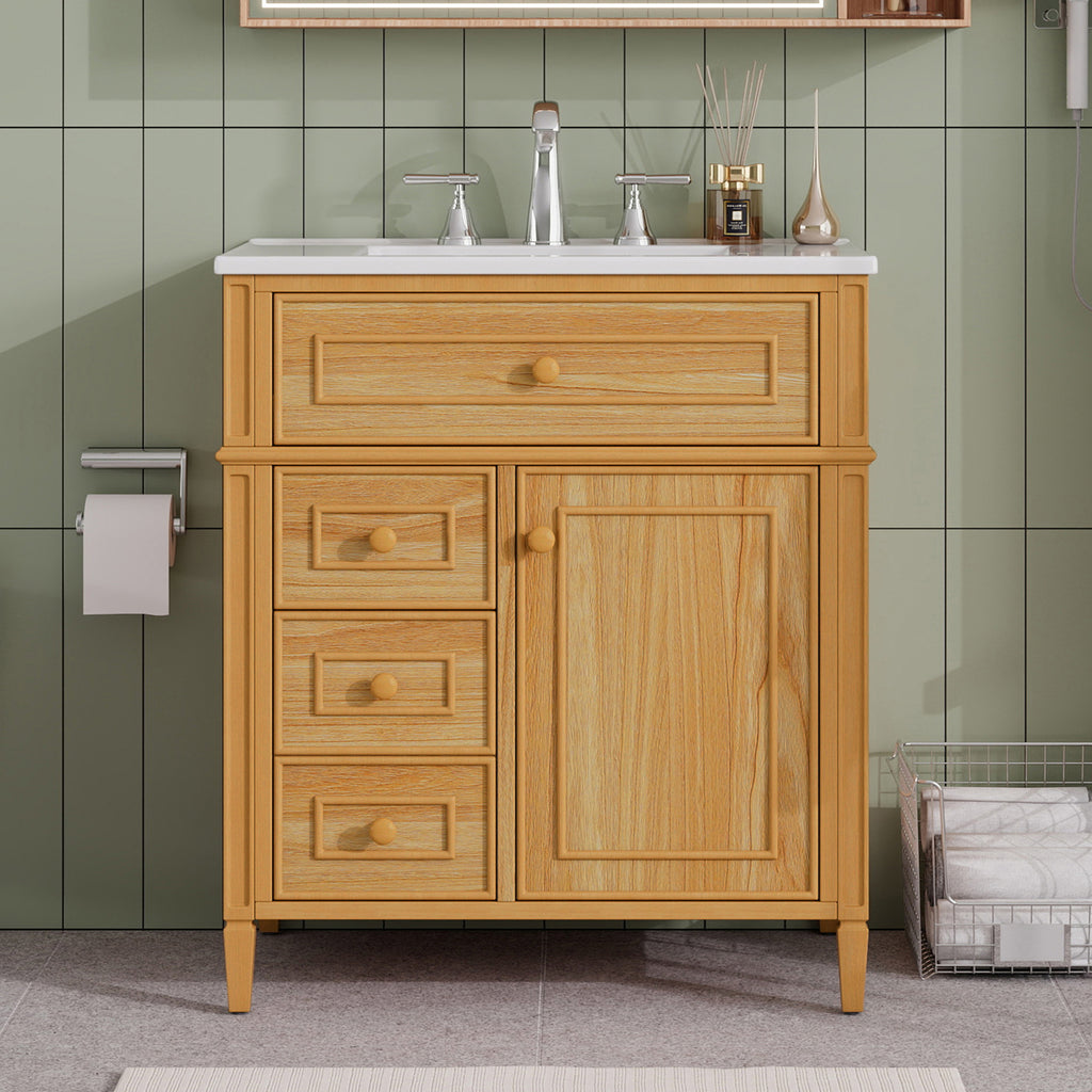 Wood bathroom vanity — styled view
