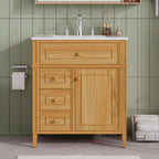 Wood bathroom vanity — styled view