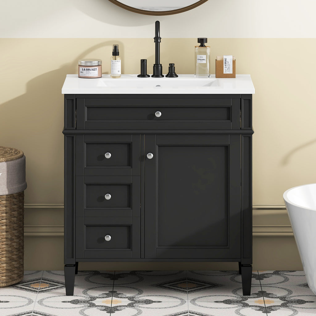 Black bathroom vanity — detail view