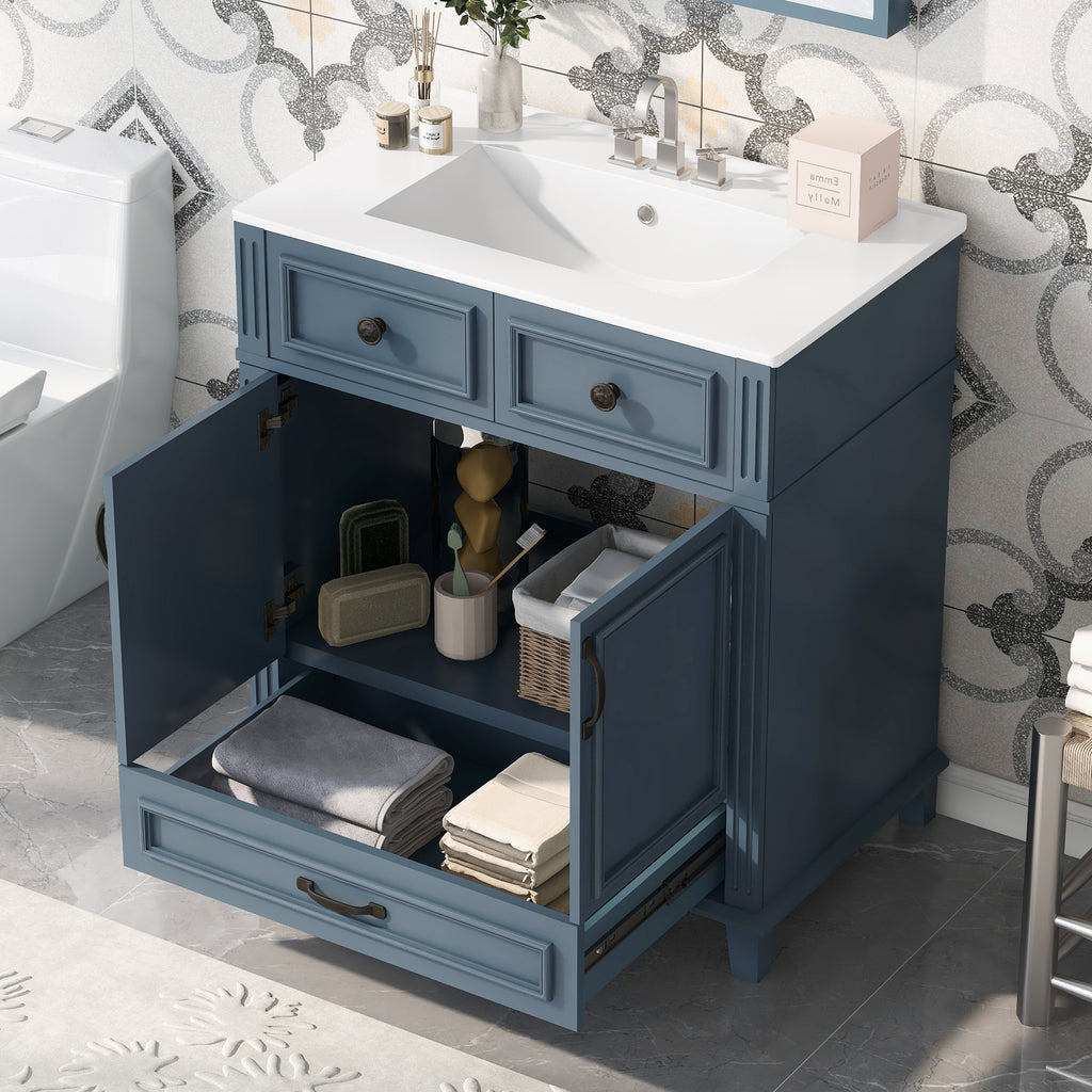 Blue bathroom vanity — front view