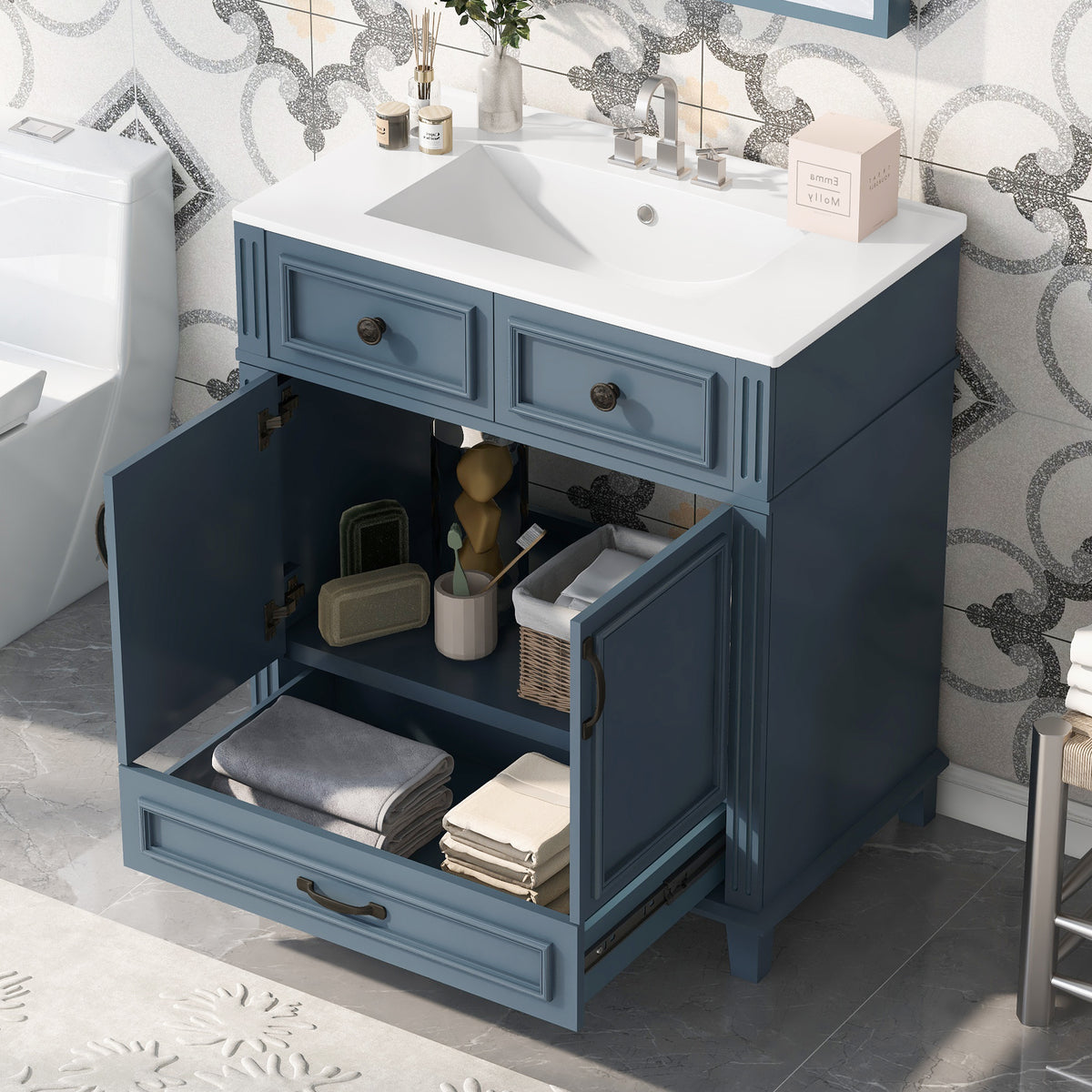 Blue bathroom vanity — front view