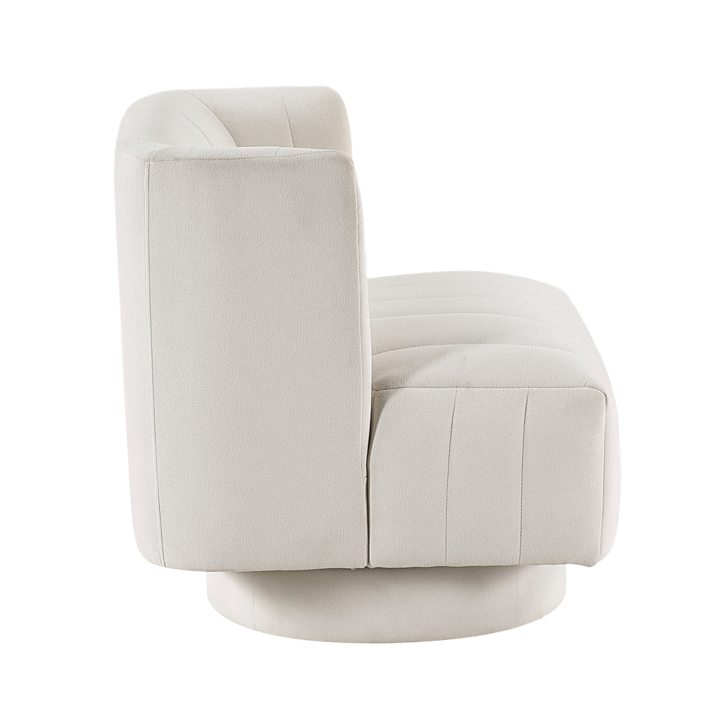 Beige barrel accent chair — side view