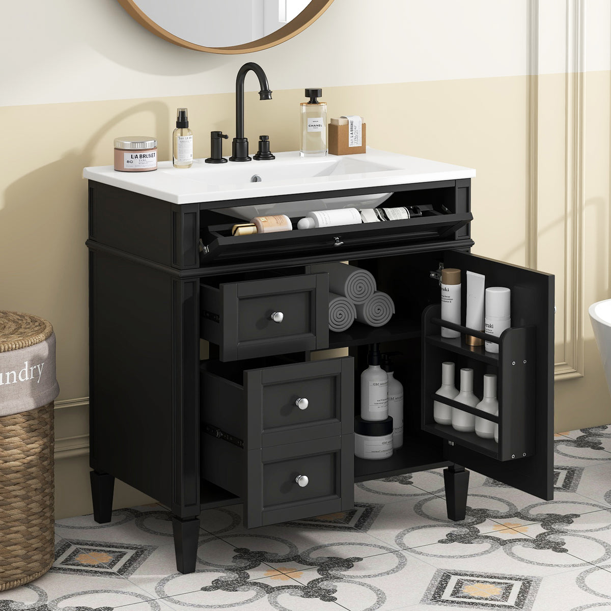 Black bathroom vanity — styled view