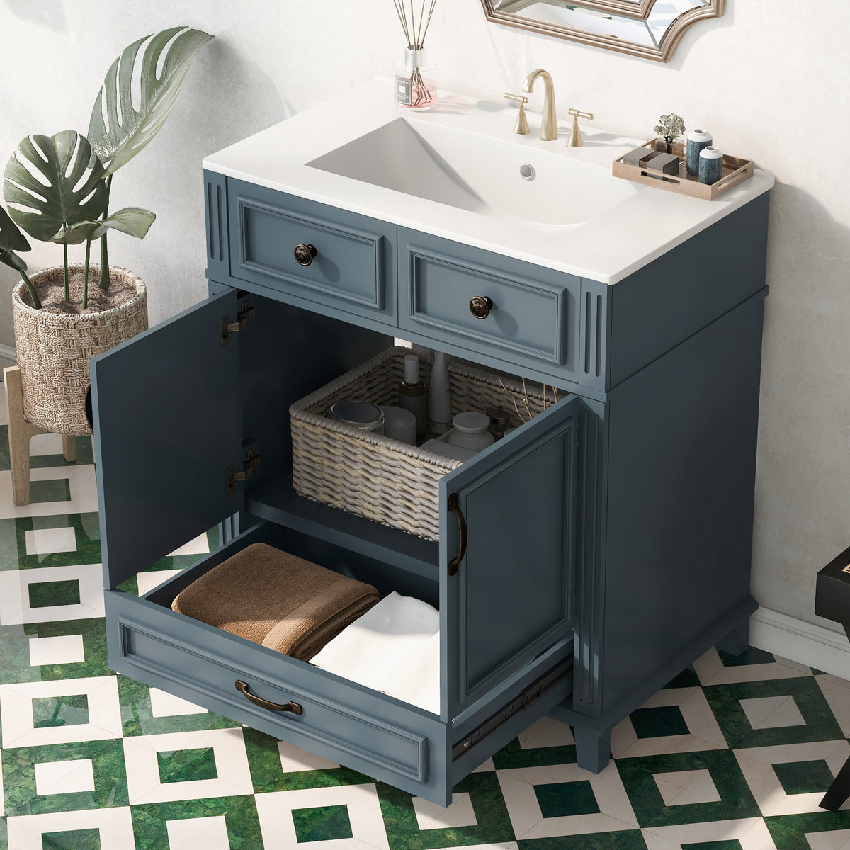 Blue bathroom vanity — styled view