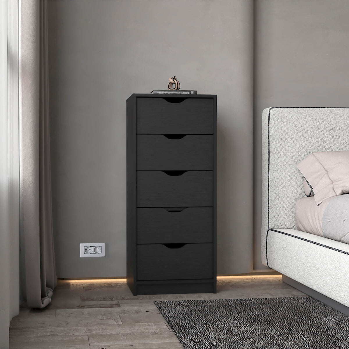 Wenge 5-drawer narrow dresser beside a bed in a bedroom