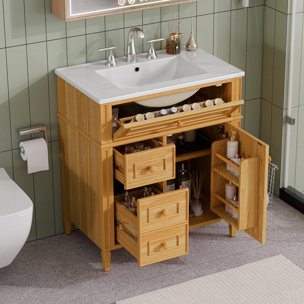 Wood bathroom vanity — detail view