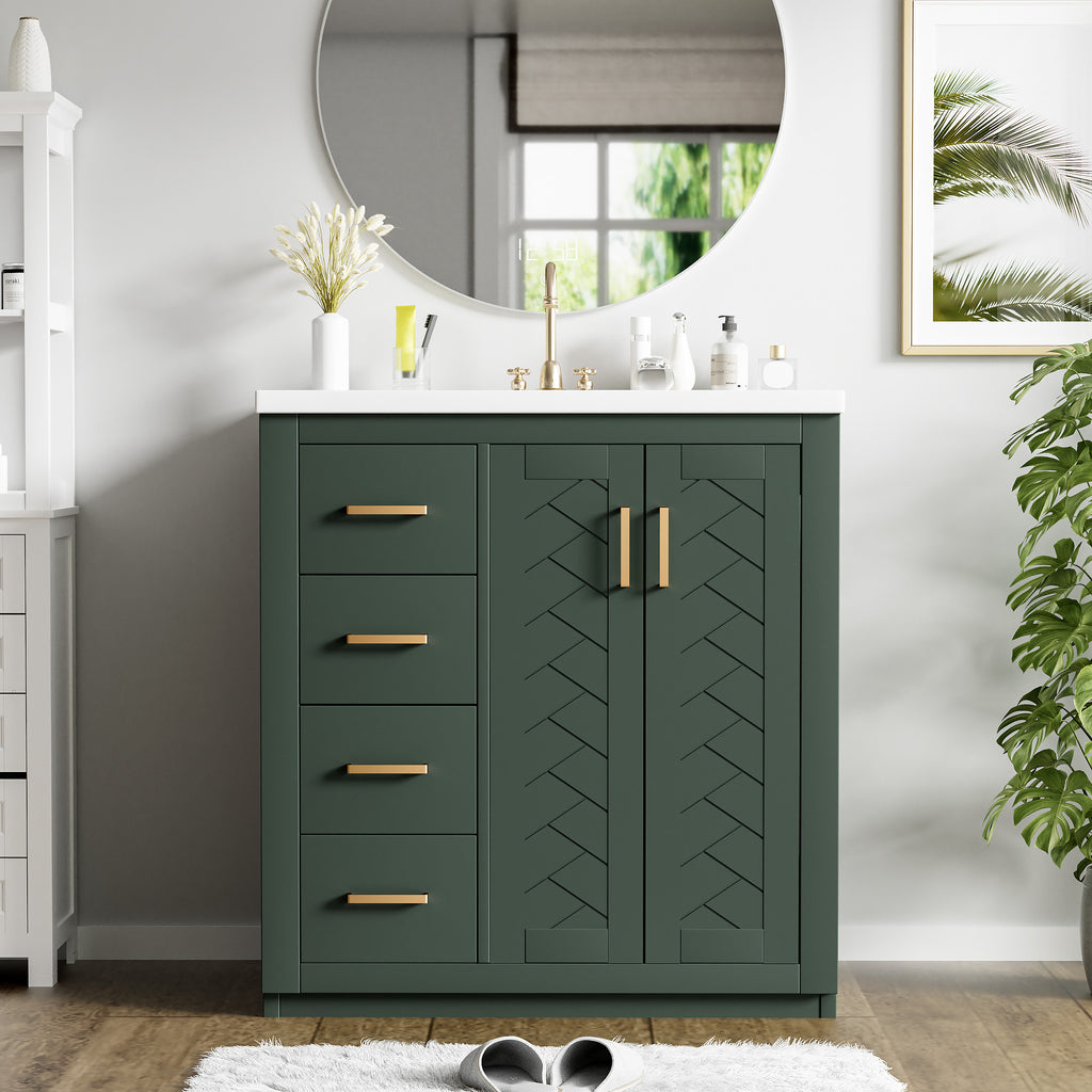 Green bathroom vanity — detail view