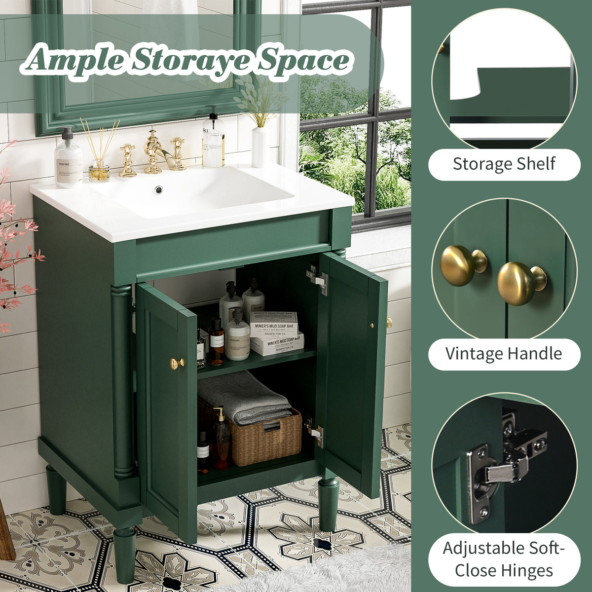 Green bathroom vanity — alternate angle