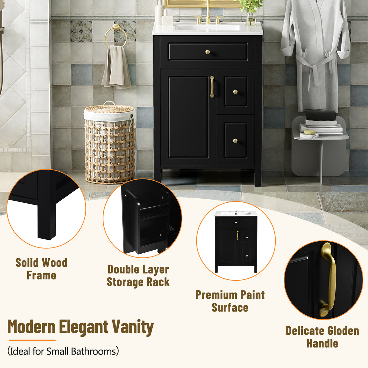 Black bathroom vanity — styled view