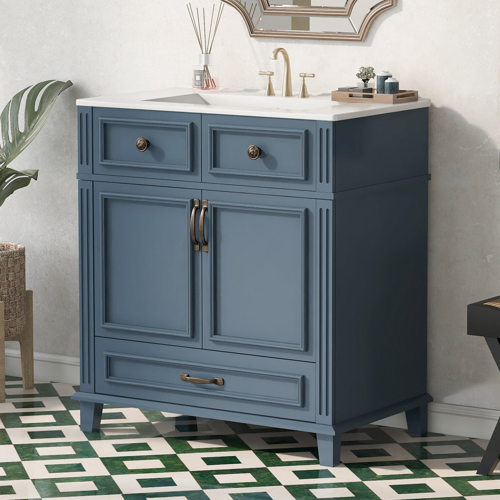 Blue bathroom vanity — detail view