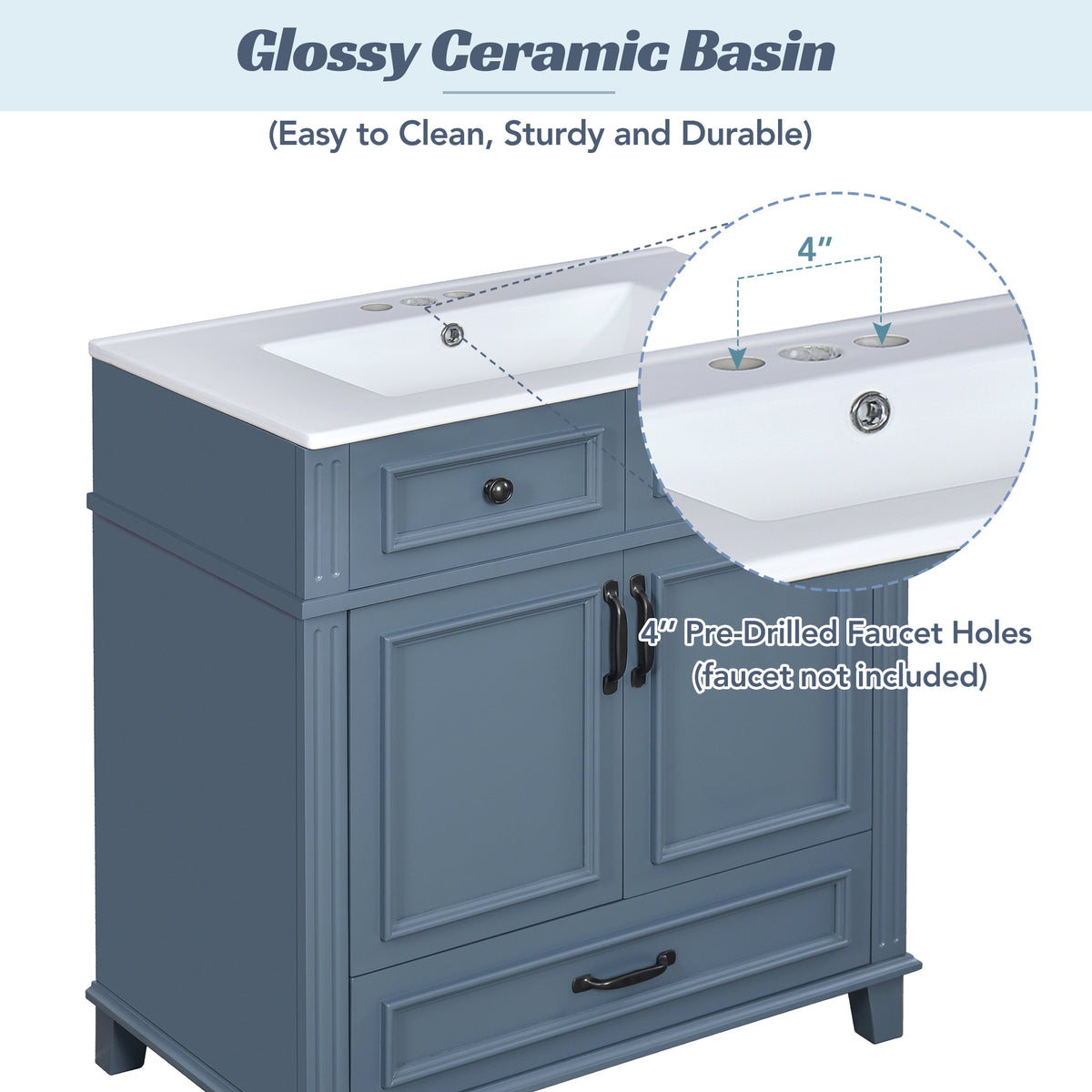 Blue bathroom vanity — alternate angle
