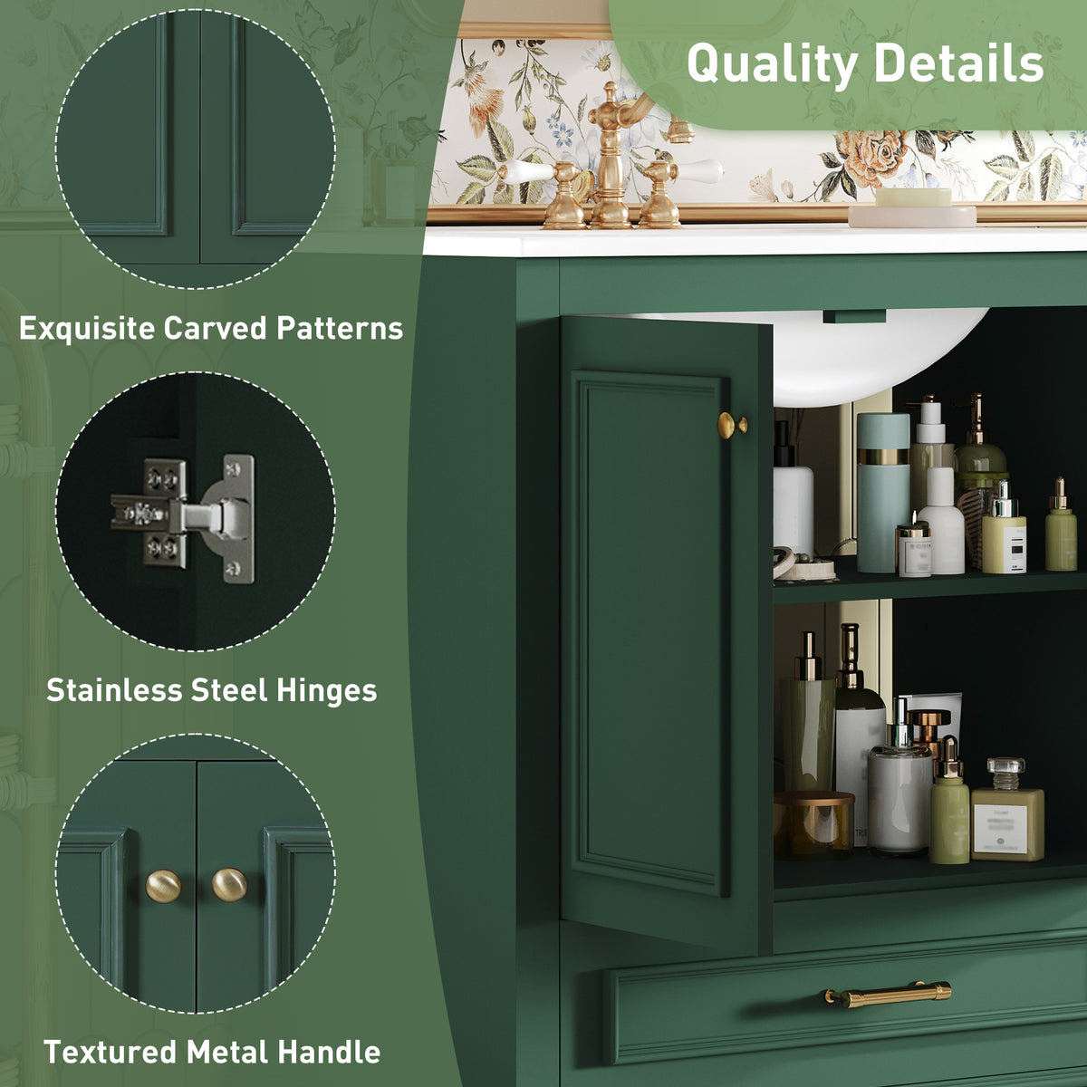 Green bathroom vanity — alternate angle