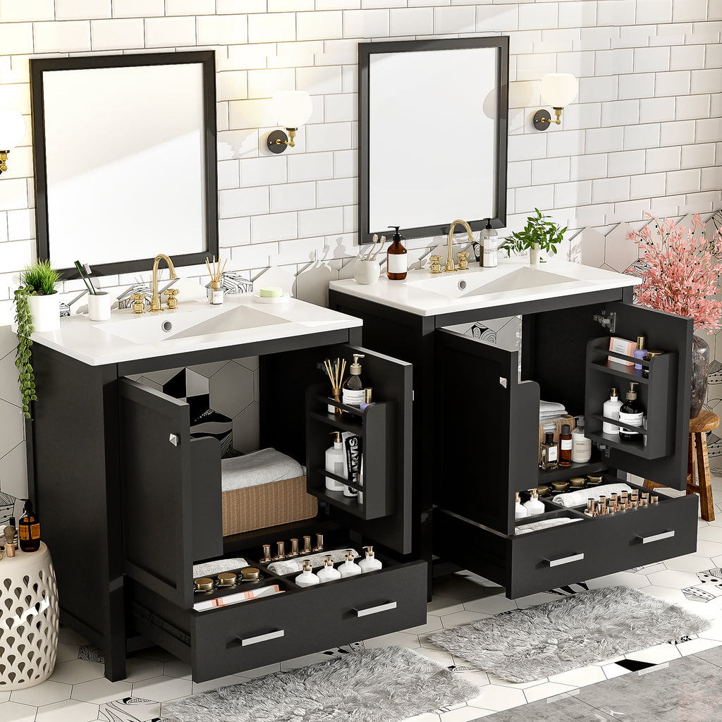 Black bathroom vanity — detail view