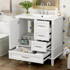 White 30-inch bathroom vanity with ceramic sink, door and three drawers open showing storage
