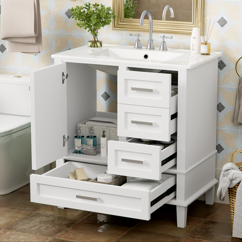 White 30-inch bathroom vanity with ceramic sink, door and three drawers open showing storage