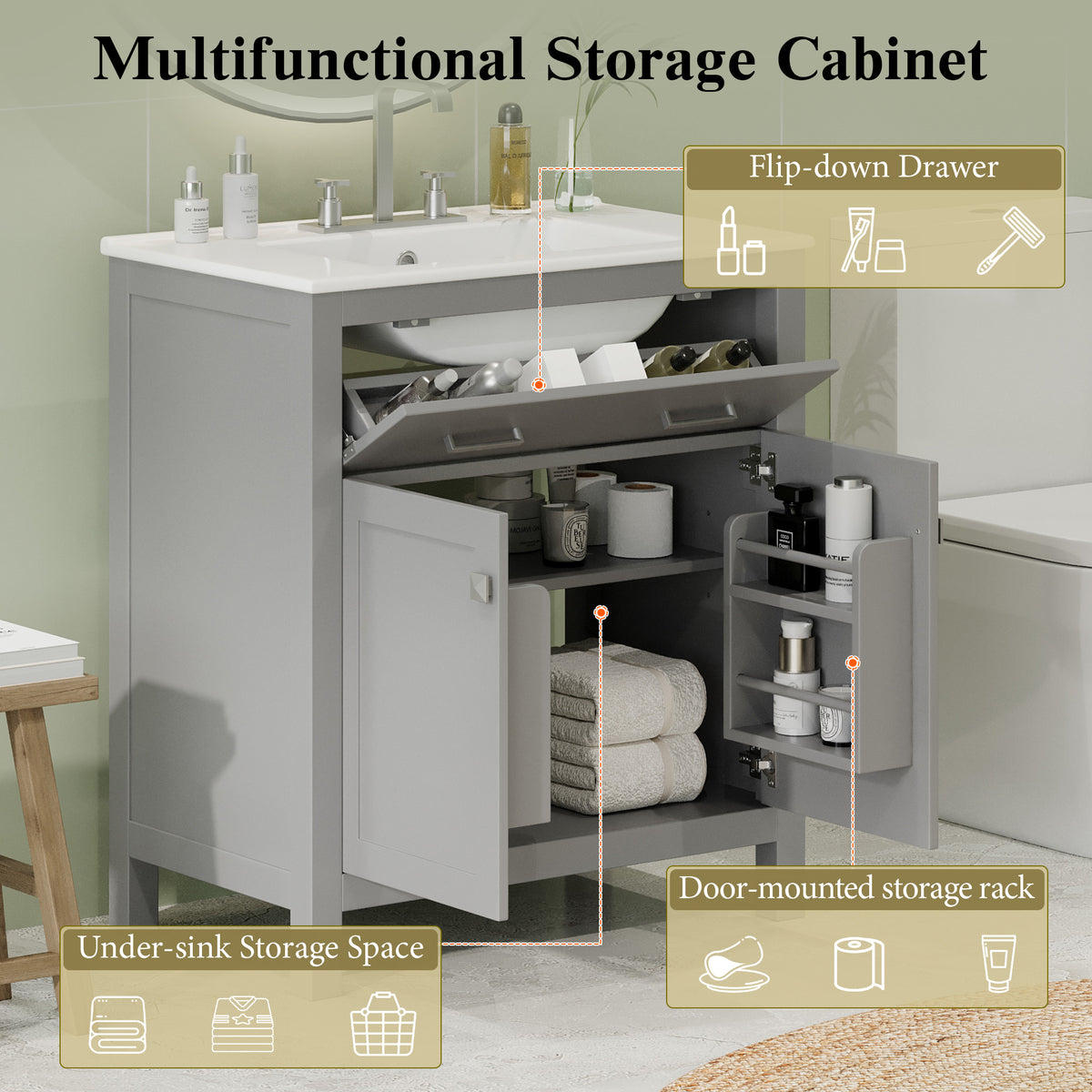 Gray bathroom vanity — side view