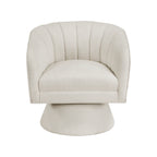 Beige boucle accent chair, side view showing solid wood swivel base