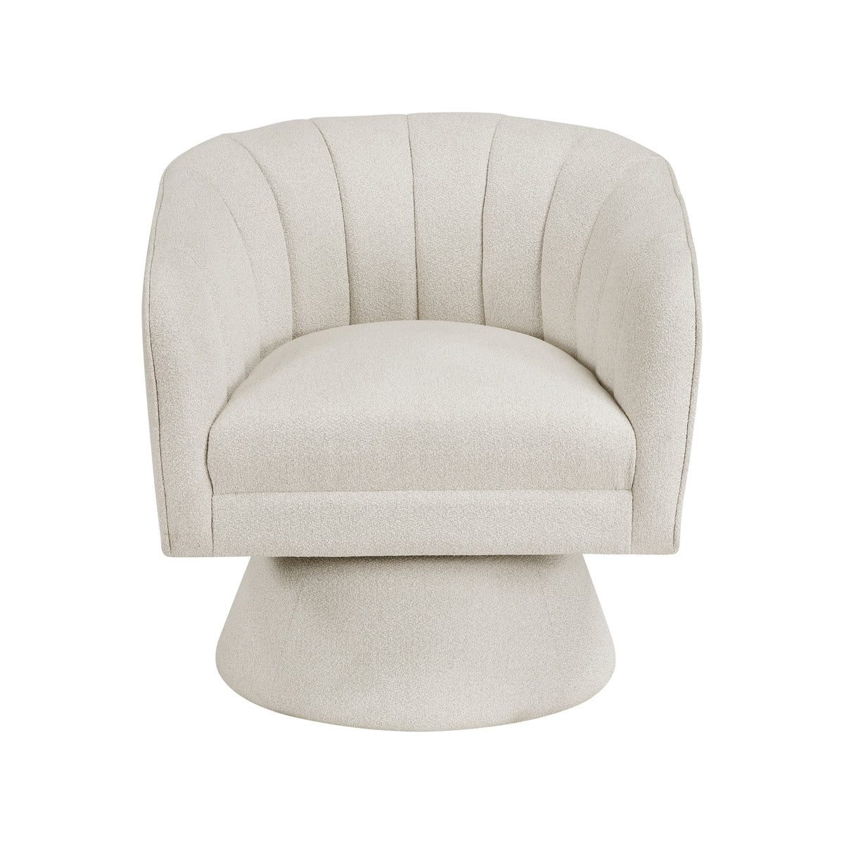 Beige boucle accent chair, side view showing solid wood swivel base