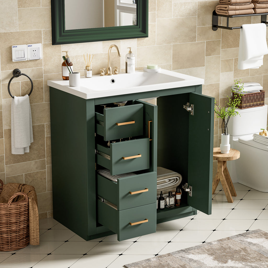 Green bathroom vanity — front view