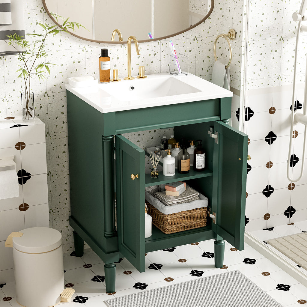 Green bathroom vanity — front view