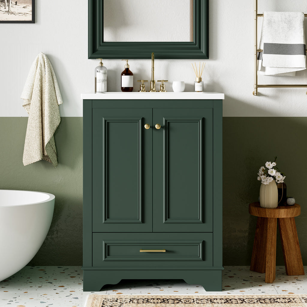 Green bathroom vanity — detail view