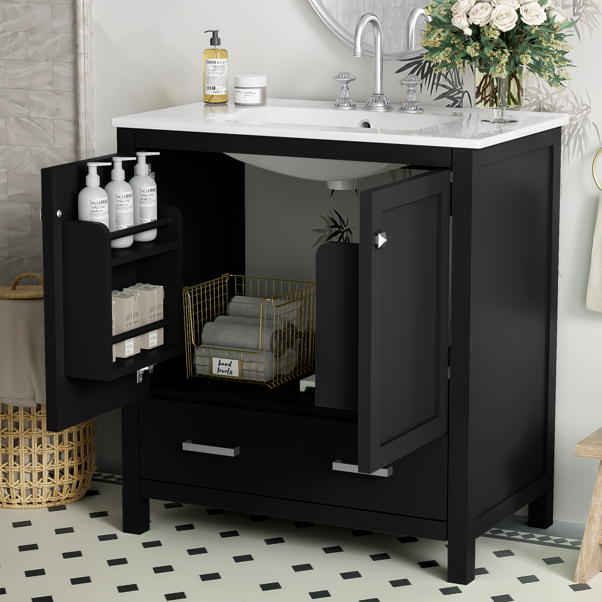 Black bathroom vanity — front view