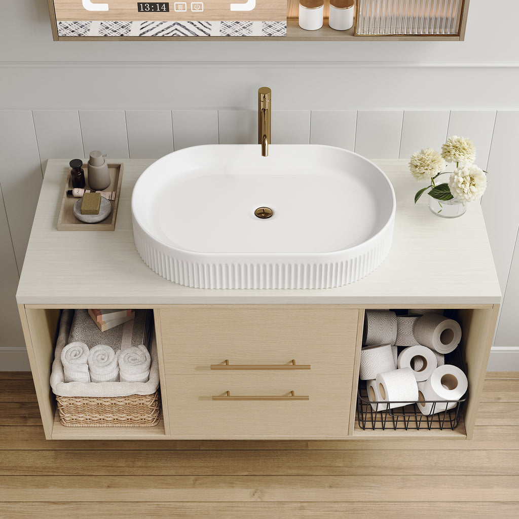White bathroom vanity — front view