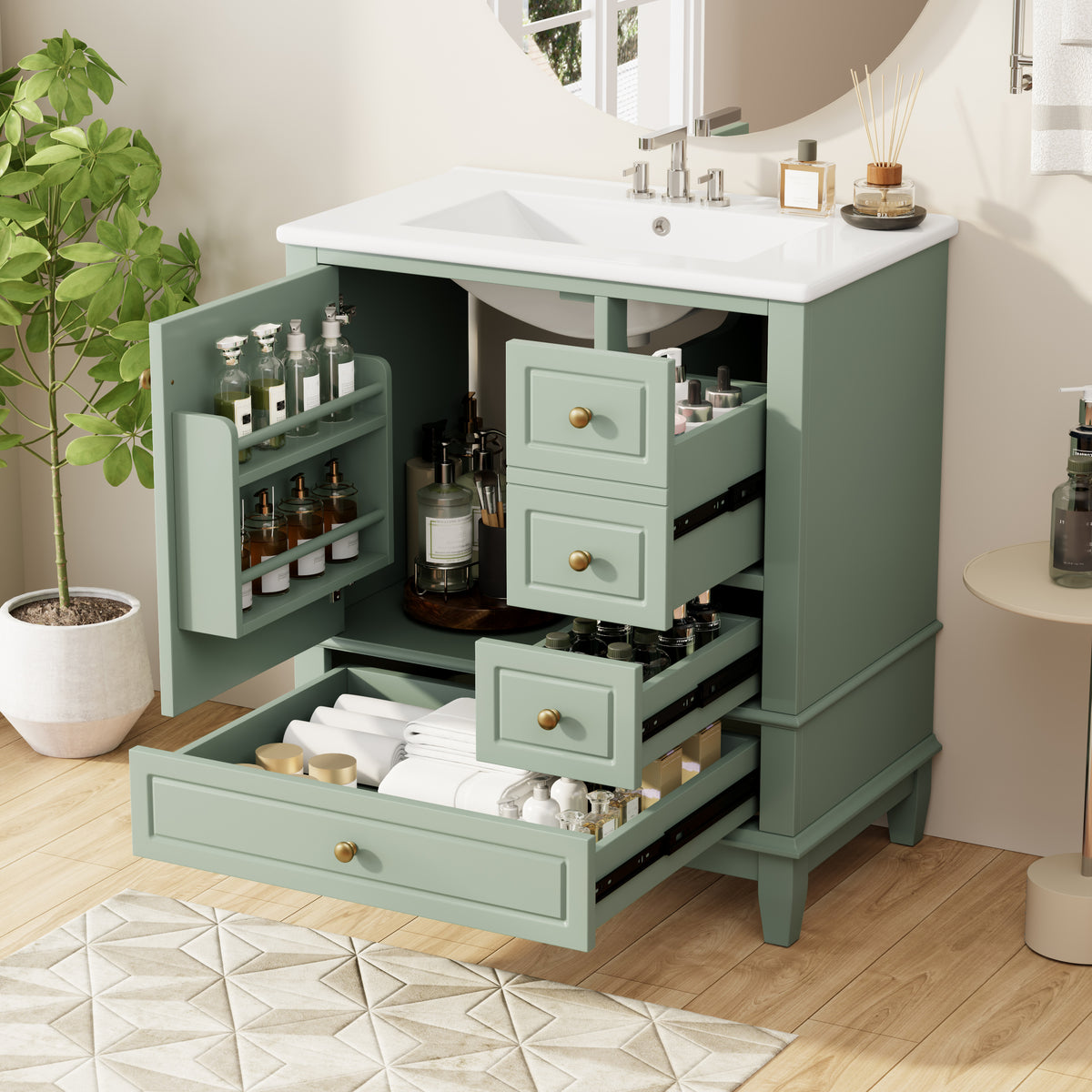 Light Green bathroom vanity — alternate angle
