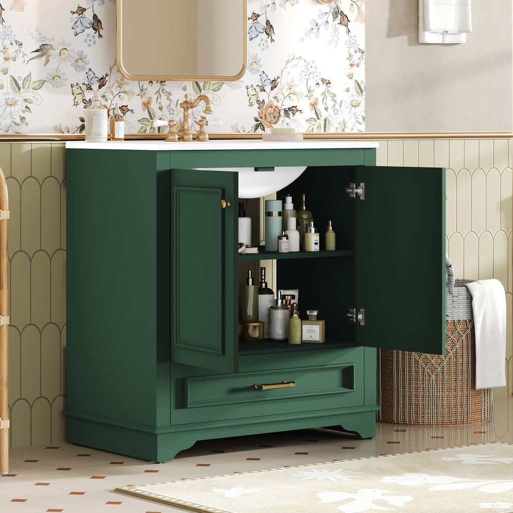 Green bathroom vanity — front view