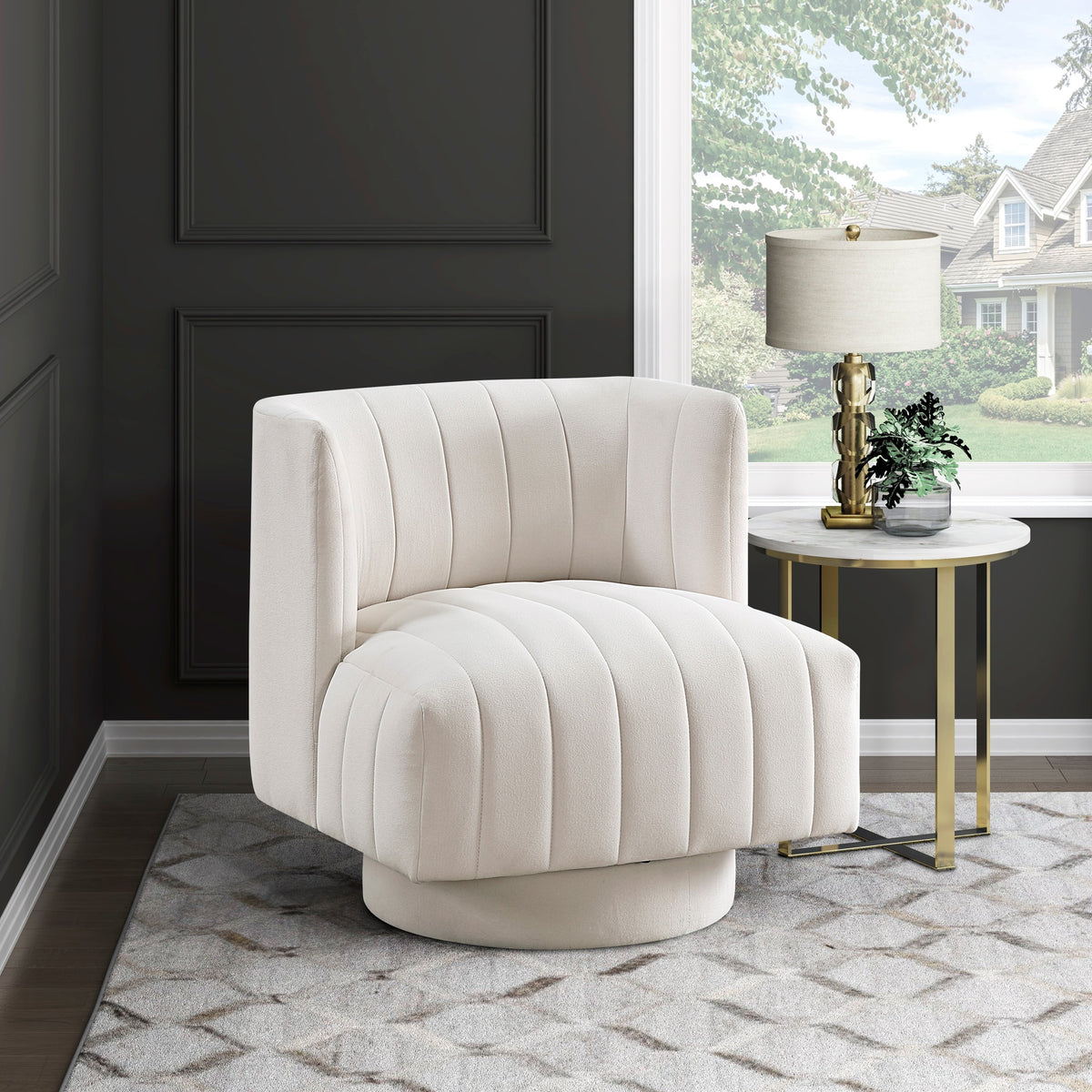 Beige barrel accent chair — product view
