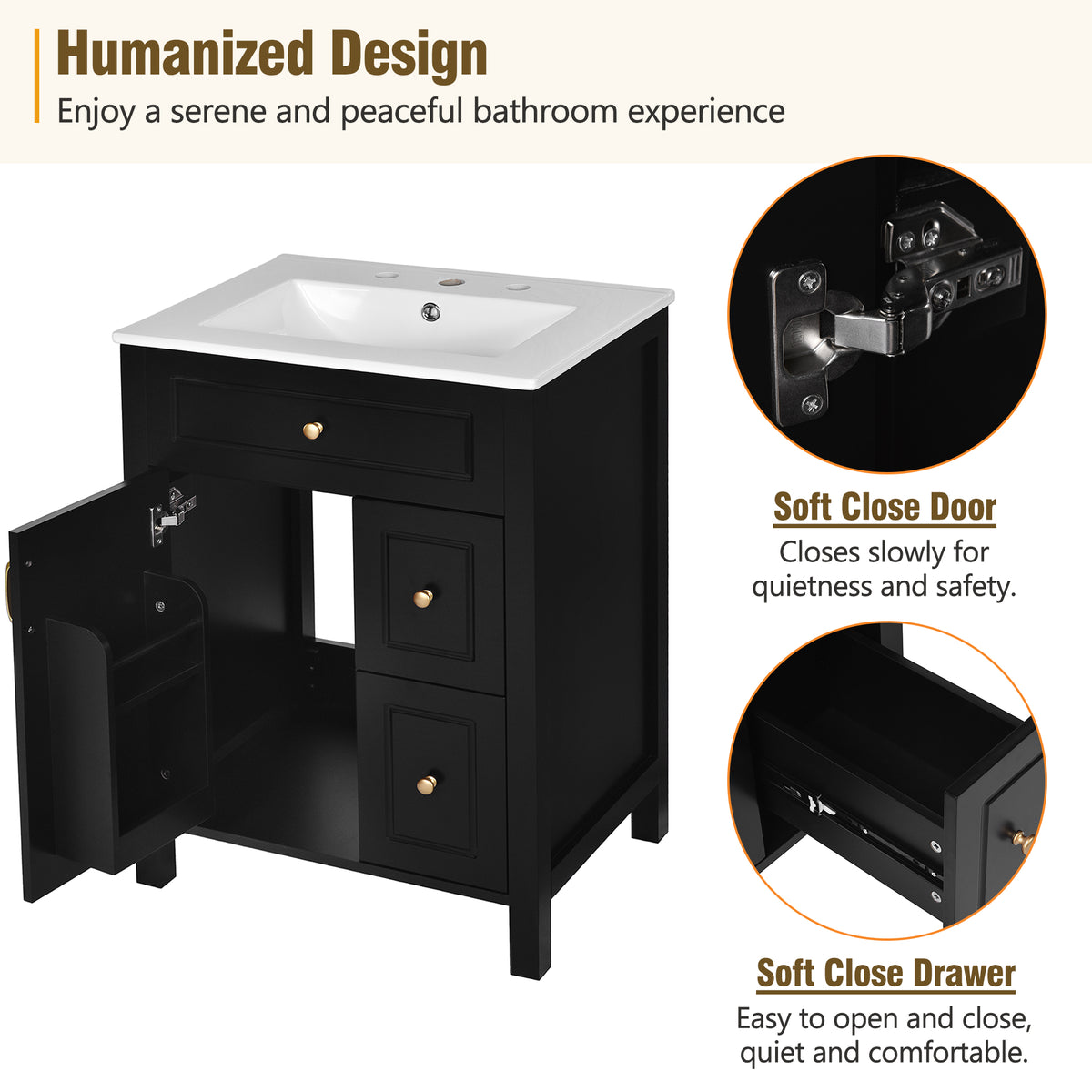 Black bathroom vanity — alternate angle