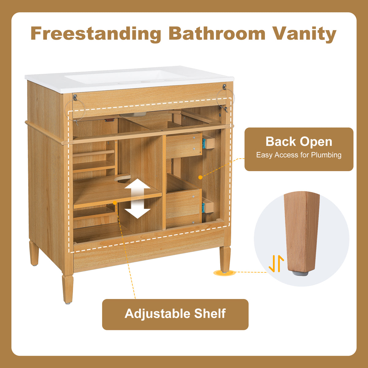Wood bathroom vanity — side view