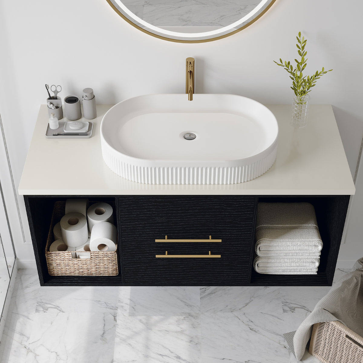 White bathroom vanity — detail view