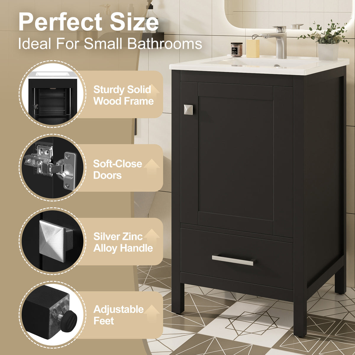 Black bathroom vanity — styled view