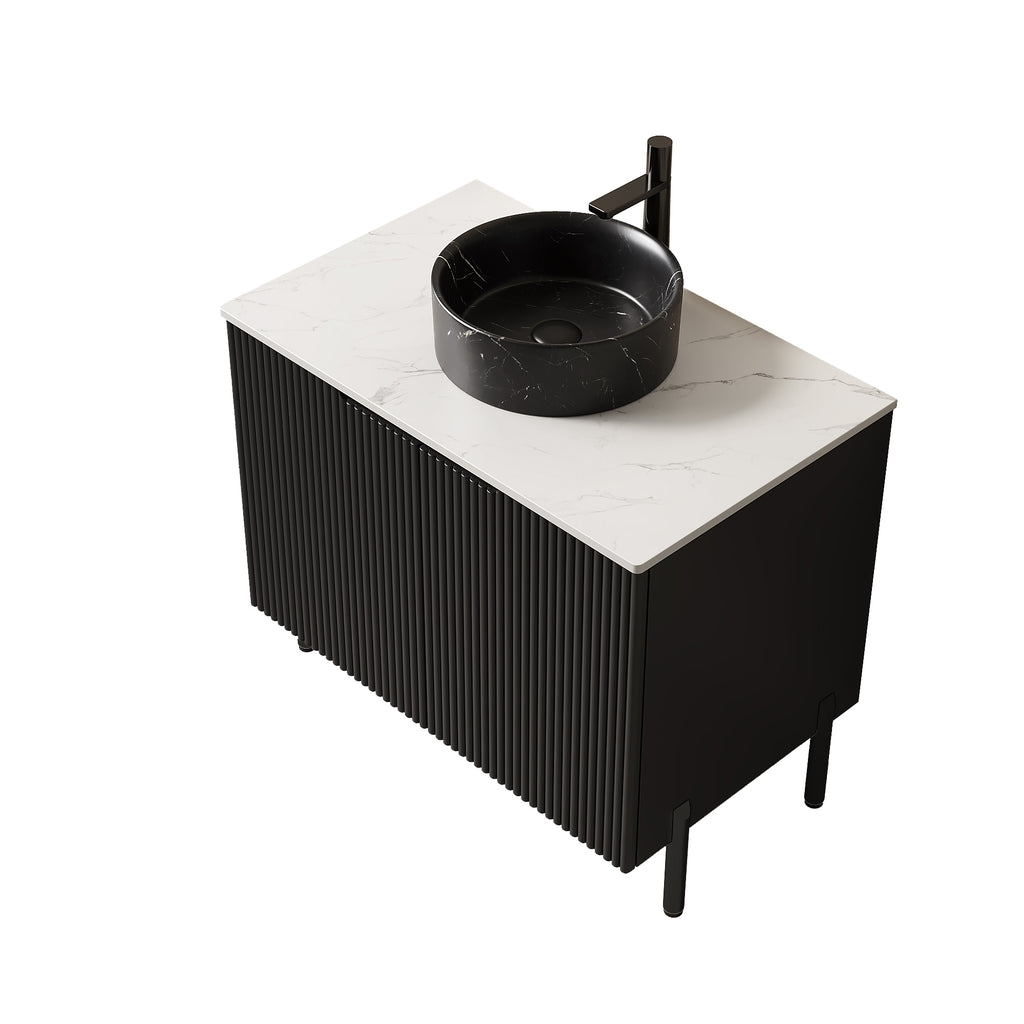 Black White bathroom vanity — styled view