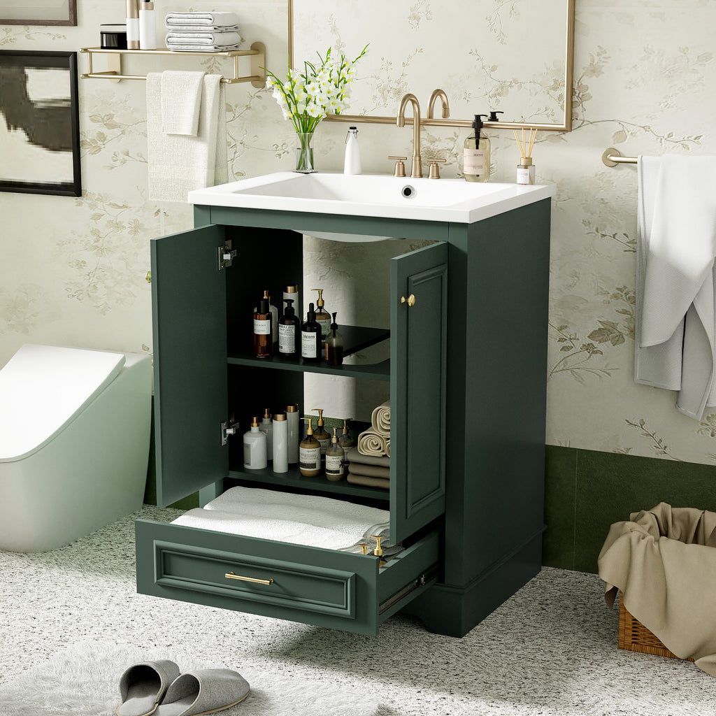 Green bathroom vanity — front view