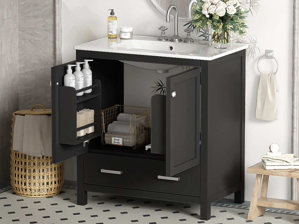 Black bathroom vanity — detail view